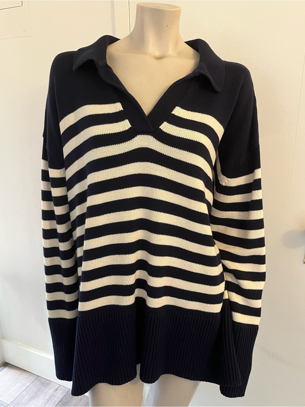 GAP Striped Navy and White Collared Women's Sweater